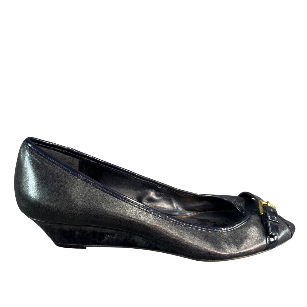 Lauren Ralph Lauren Navy Blue Leather Peep Toe Wedge Heels Buckle Size 9B